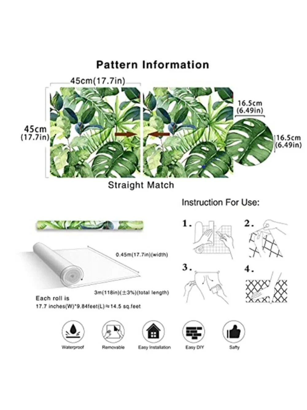 Green Peel And Stick Wallpaper Tropical Leaf Removable Vinyl Contact Paper Roll